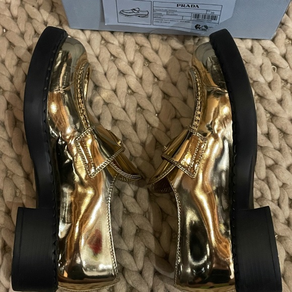 PRADA Triangular Logo Metallic Gold Leather Chocolate Loafers size 39 - Picture 6 of 16